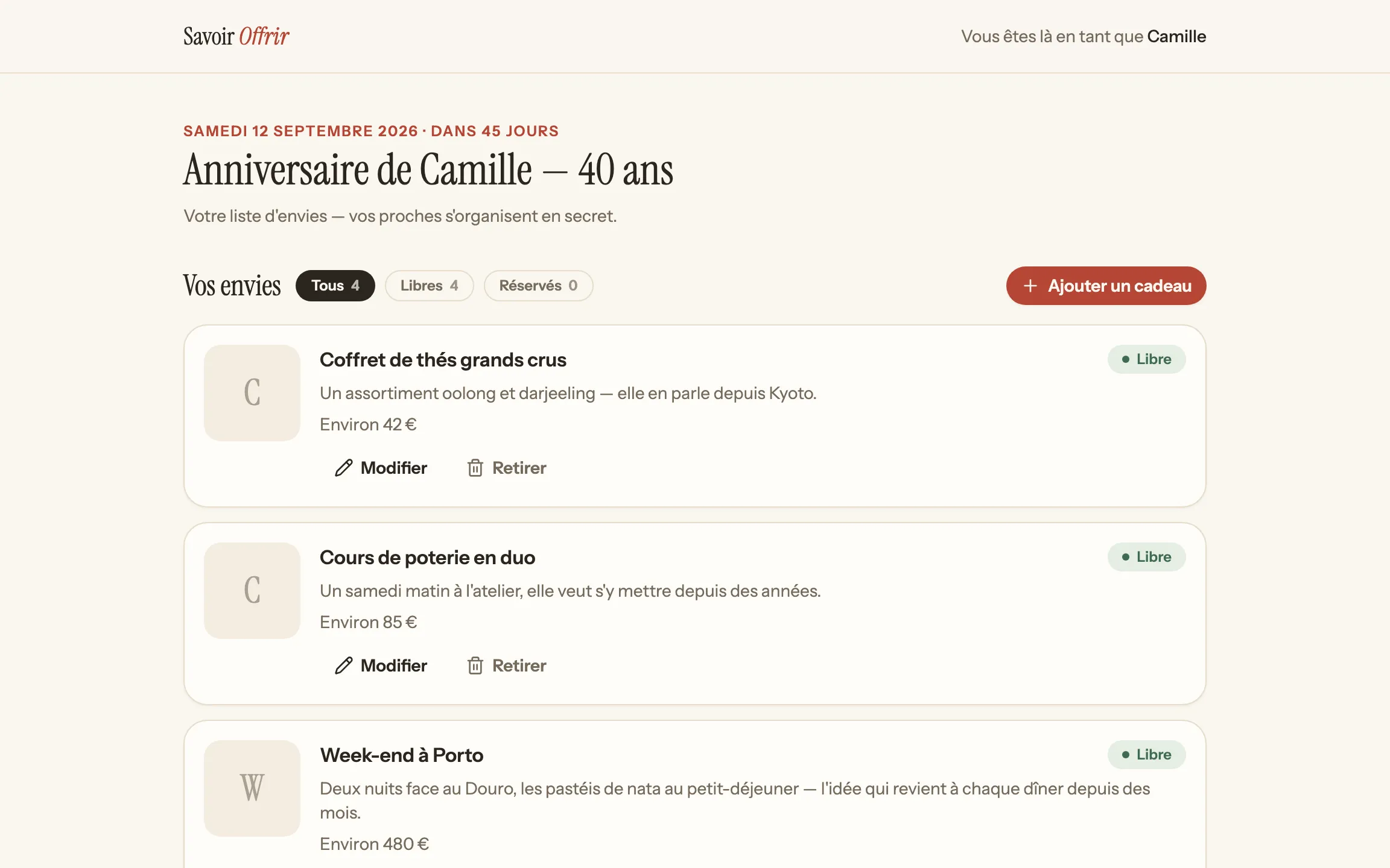 Capture d’écran de Savoir Offrir : la liste vue par la personne fêtée, sans les réservations