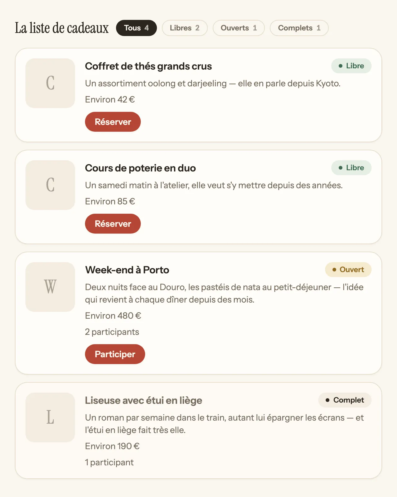 Capture d’écran de Savoir Offrir : une liste de cadeaux d’anniversaire, avec les cadeaux libres et ceux déjà réservés