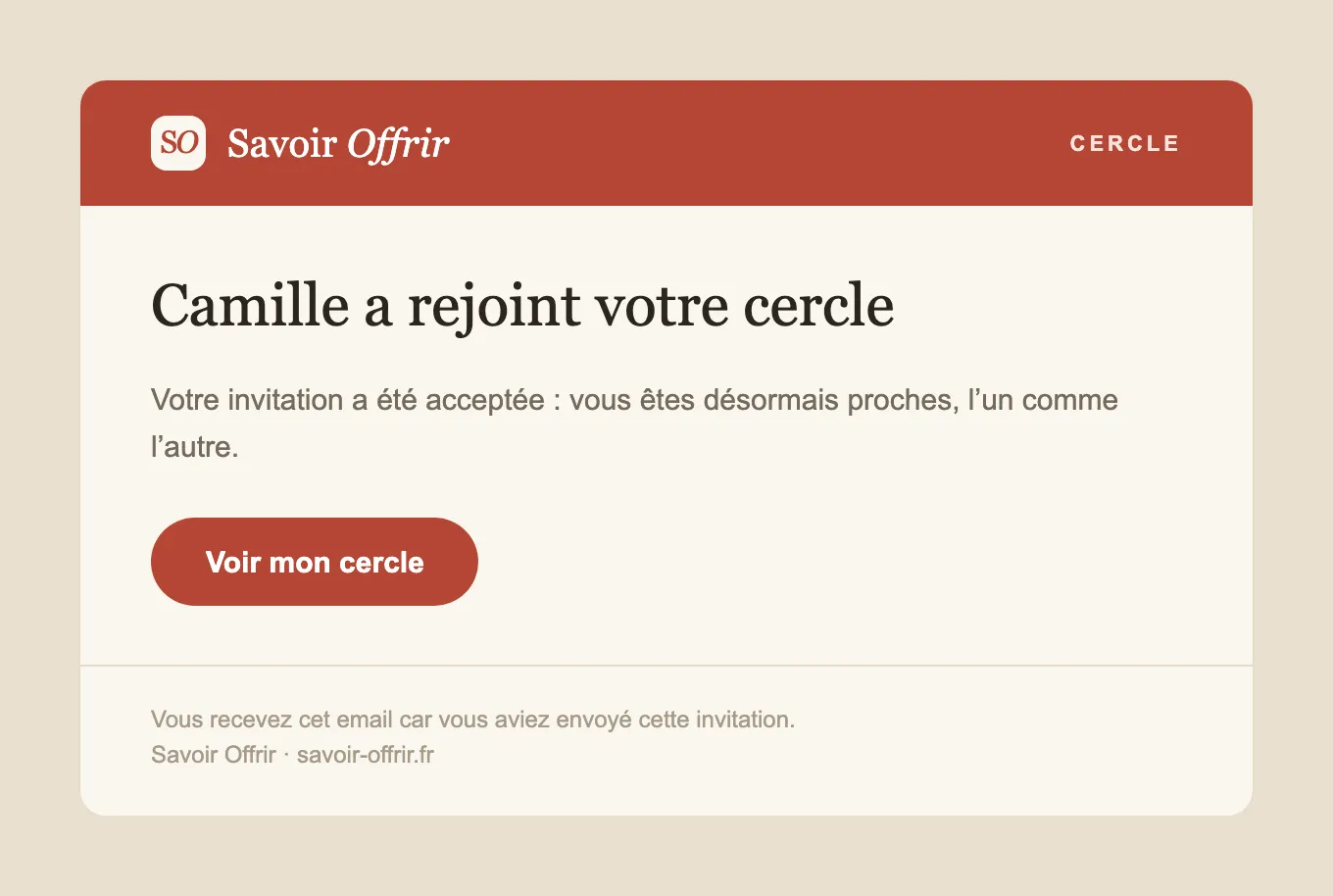 La lettre annonçant qu’une invitation a été acceptée : le prénom de la personne, et un lien vers son propre cercle.