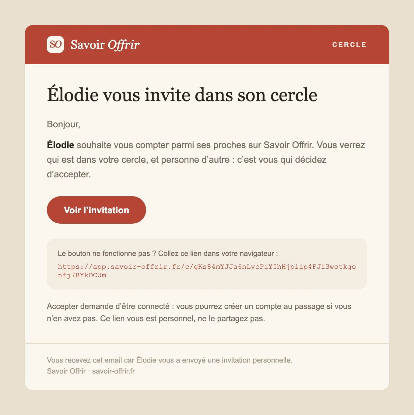 La lettre d’invitation dans un cercle : qui invite, un lien personnel, et le rappel qu’accepter demande d’être connecté.