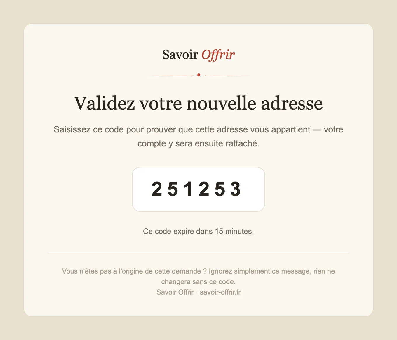 La lettre du code de validation de la nouvelle adresse : six chiffres et la durée de validité.