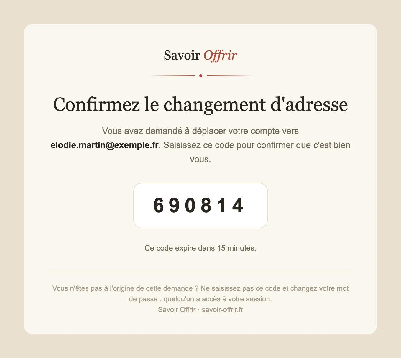 La lettre du code de confirmation : six chiffres, et l’adresse vers laquelle le compte doit être déplacé.
