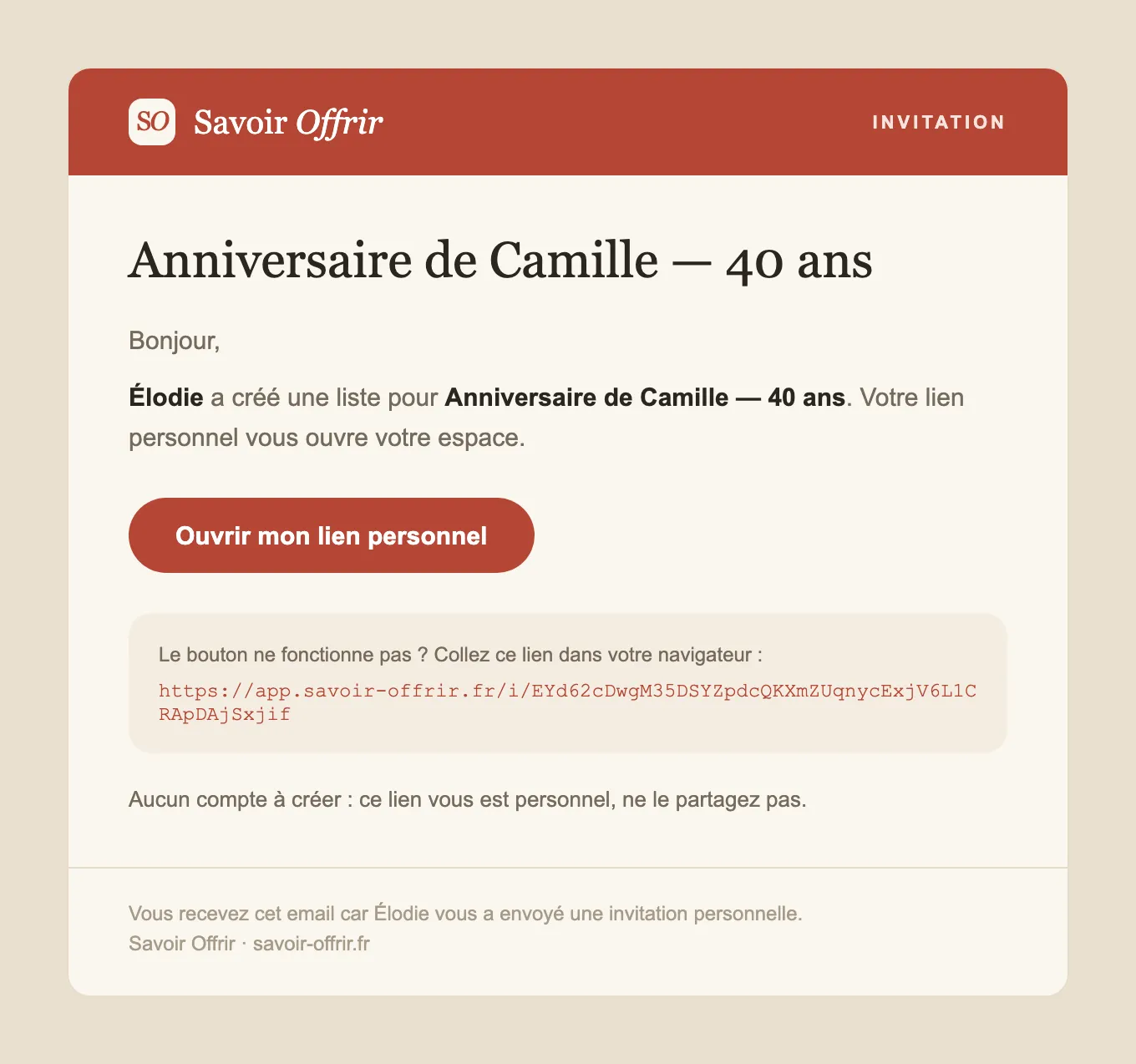 La lettre d’invitation reçue par la personne fêtée : une liste a été créée pour elle, et un lien personnel ouvre son espace.