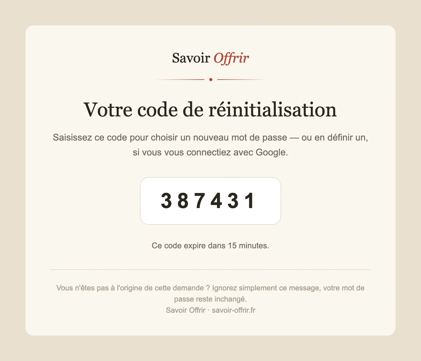 La lettre du code de réinitialisation : six chiffres et la durée de validité.
